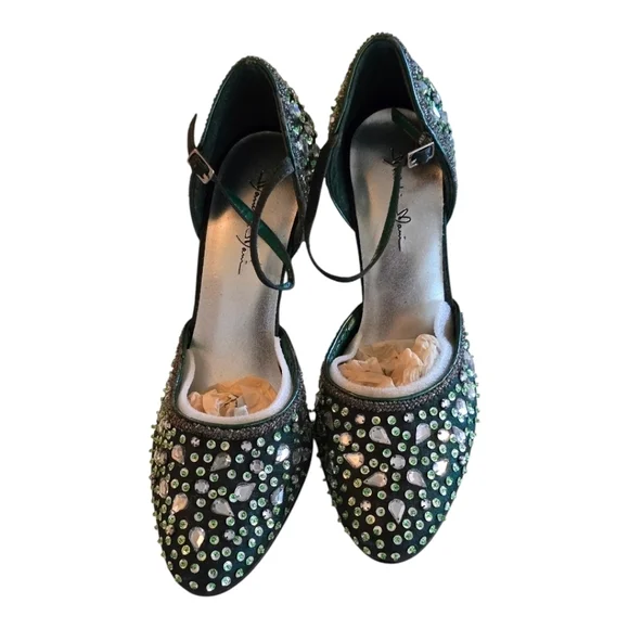 Marichi Mani Heels 8.5 Women Green Metallic Rhinestone Stiletto Party Bridal - Picture 2 of 15
